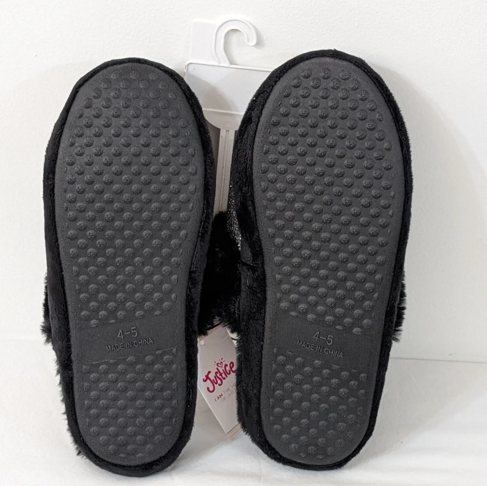 Justice Girls Black Sparkly Scuff Slip On Slippers, Size 4/5, New With Tag